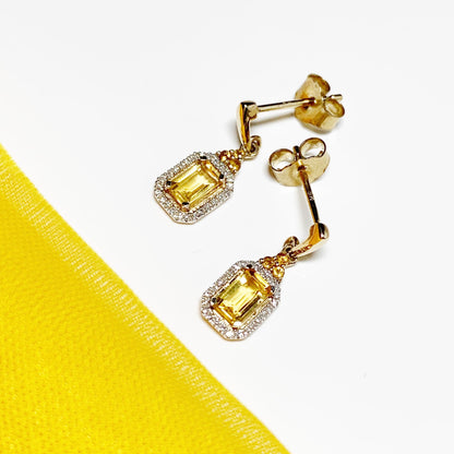 Citrine and diamond cluster yellow gold octagonal drop earrings