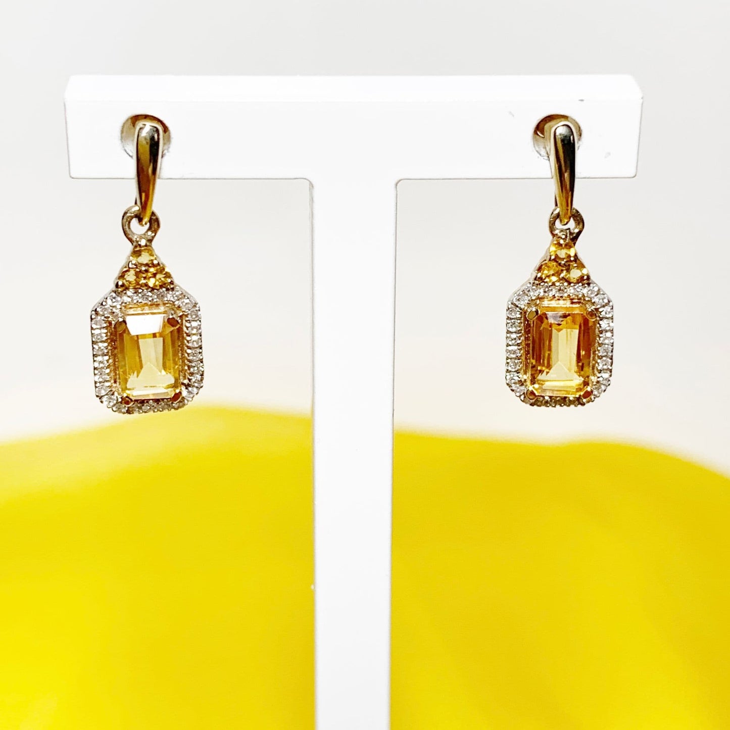 Citrine and diamond cluster yellow gold octagonal drop earrings
