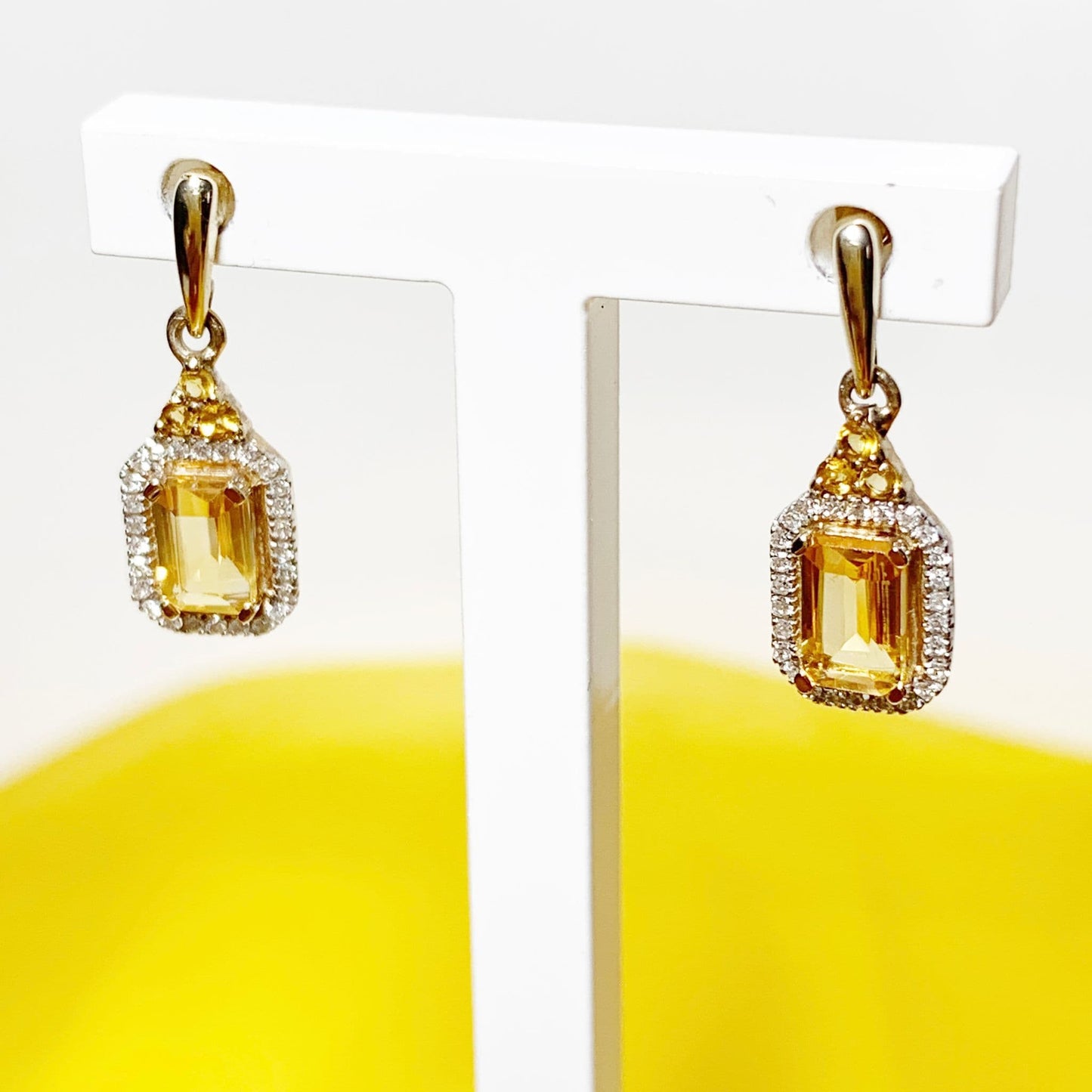 Citrine and diamond cluster yellow gold octagonal drop earrings
