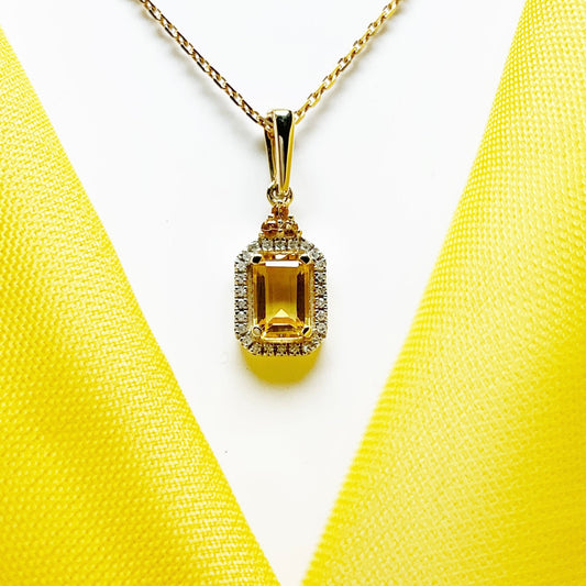 Citrine and diamond yellow gold octagonal cluster necklace