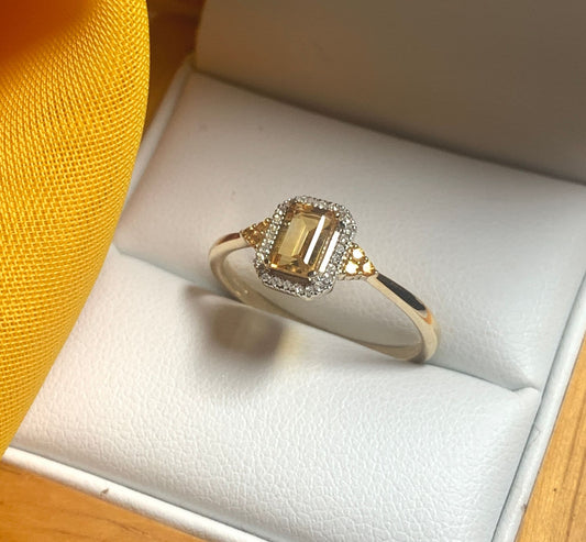 Citrine and diamond yellow gold octagonal cluster ring