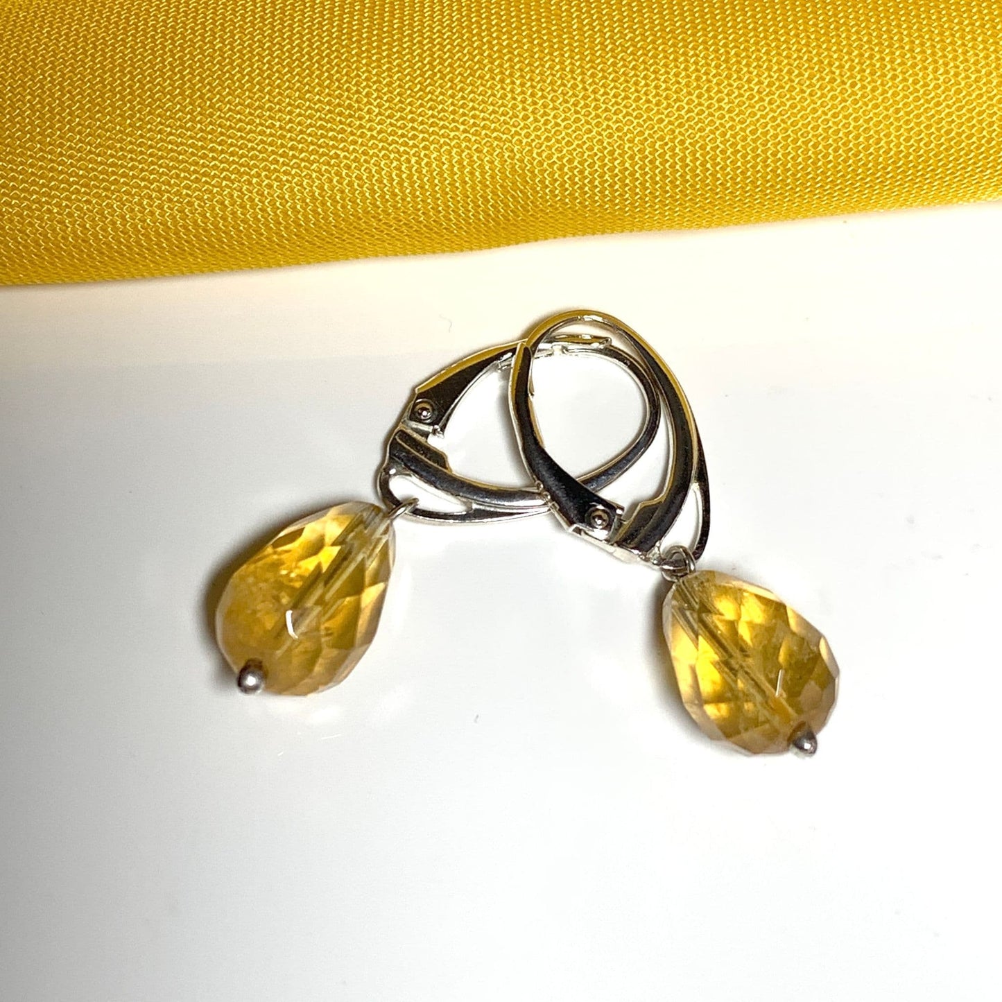 Citrine tellow teardrop shaped sterling silver drop earrings