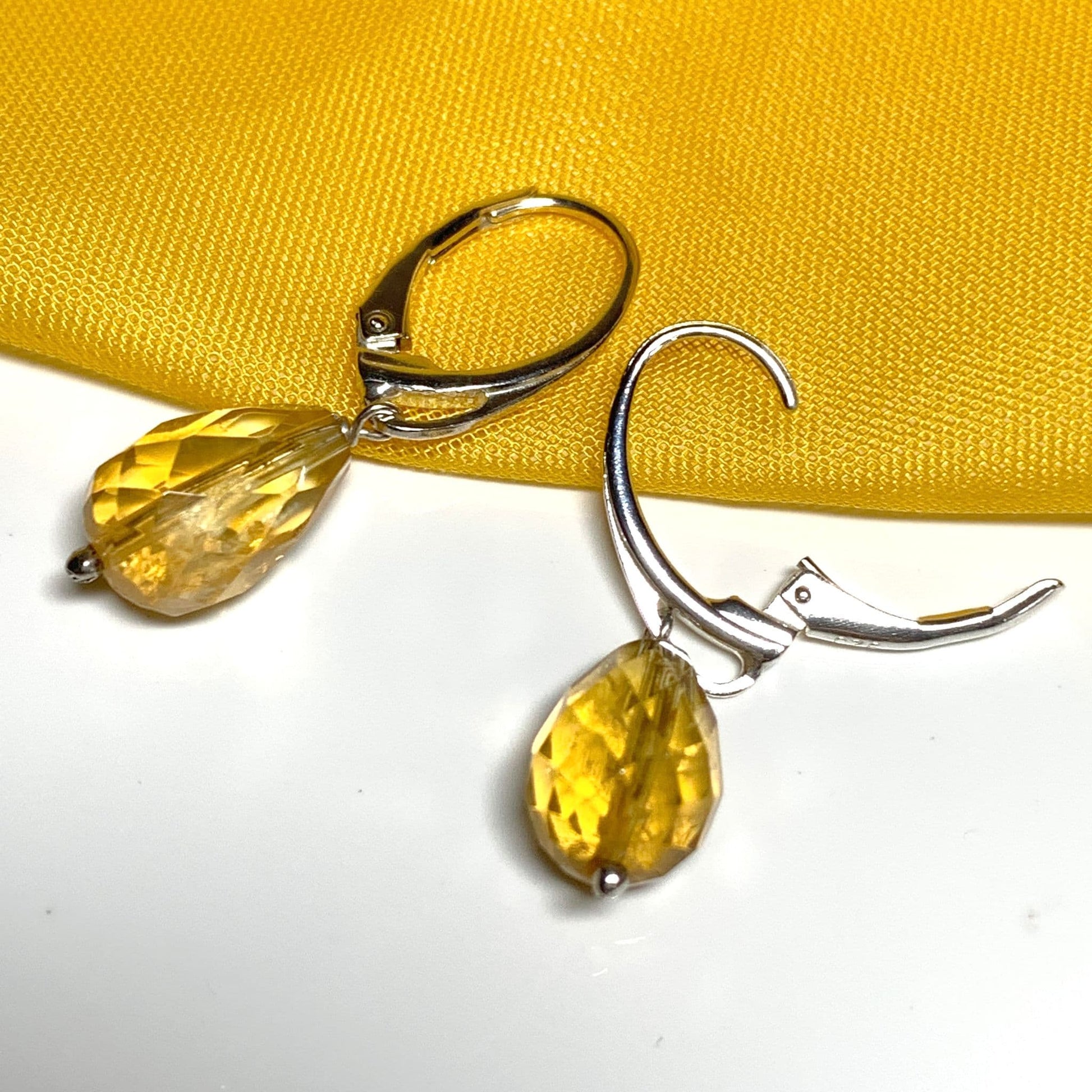 Citrine tellow teardrop shaped sterling silver drop earrings