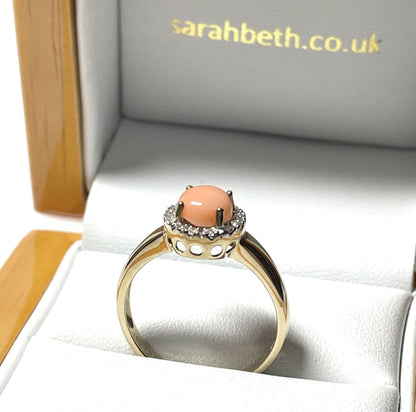 Coral and diamond yellow gold round cluster ring