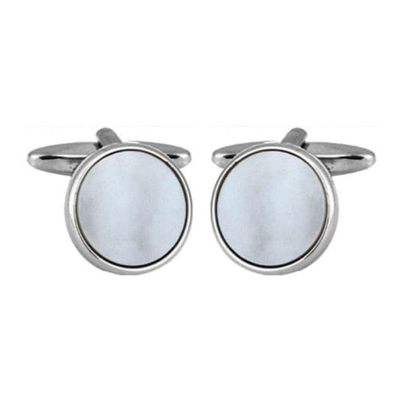 Cufflinks round white mother of pearl chrome plated