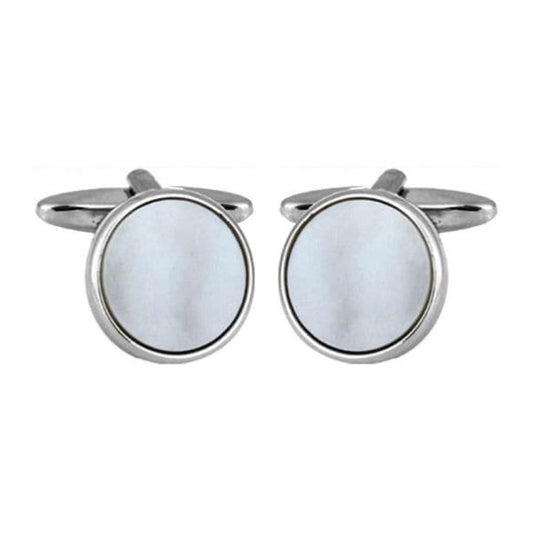 Cufflinks round white mother of pearl chrome plated