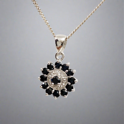 Dark Blue Round Sapphire And Diamond Sterling Silver Necklace Pendant