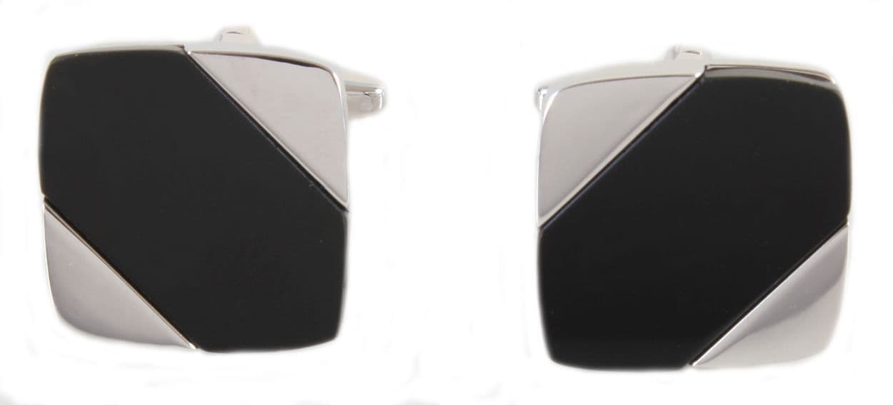 Diagonal onyx cufflinks cushion shaped silver plated