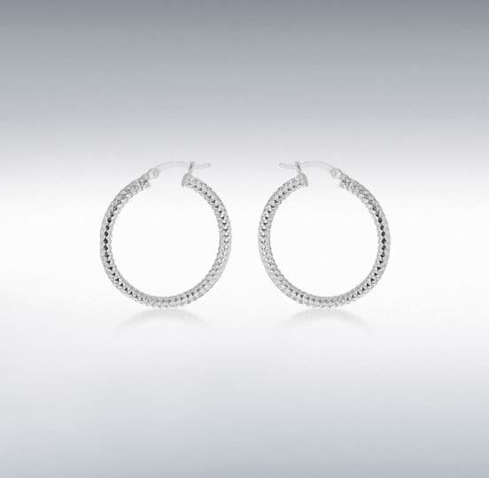 Diamond cut fancy faceted ribbed patterned sterling silver round hoop earrings 30 mm