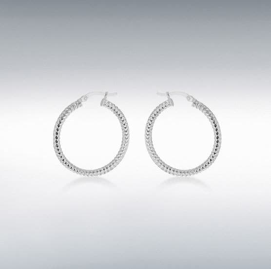Diamond cut fancy faceted ribbed patterned sterling silver round hoop earrings 35 mm