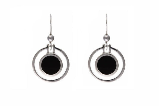 Double Circle Black Sterling Silver Onyx Drop Earrings