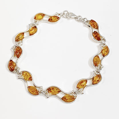 Double Row Oval Cut Sterling Silver Real Amber Two Row Bracelet