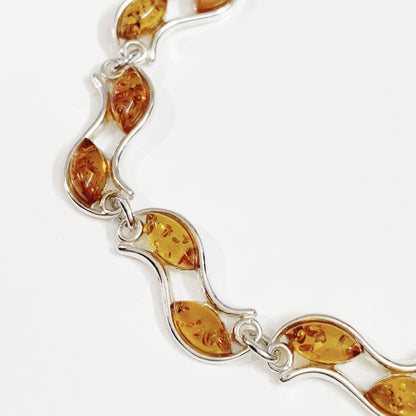 Double Row Oval Cut Sterling Silver Real Amber Two Row Bracelet