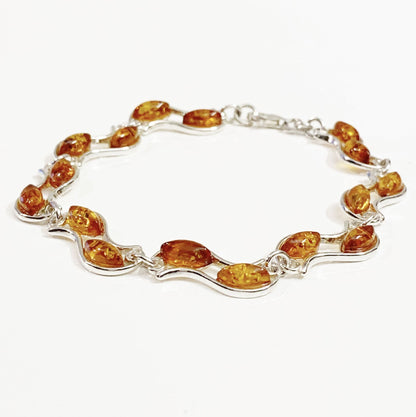 Double Row Oval Cut Sterling Silver Real Amber Two Row Bracelet