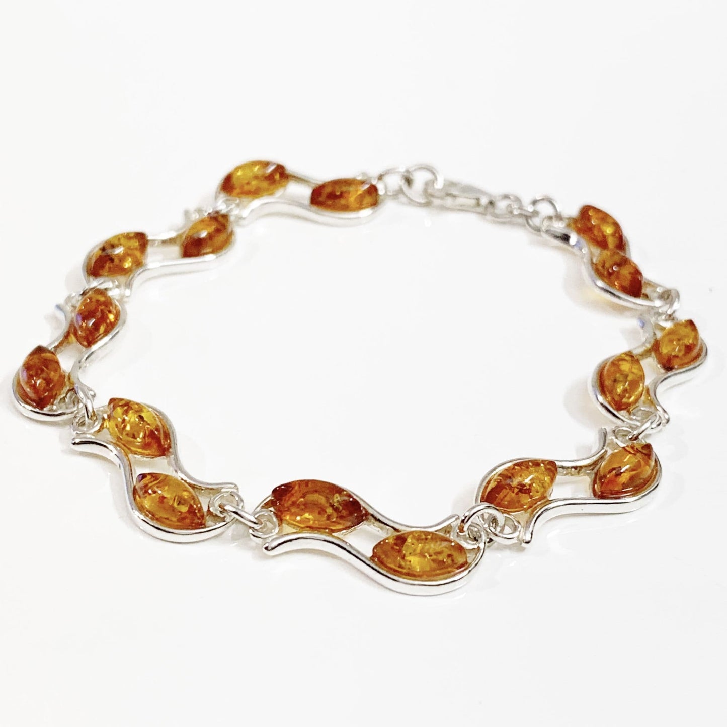 Double Row Oval Cut Sterling Silver Real Amber Two Row Bracelet