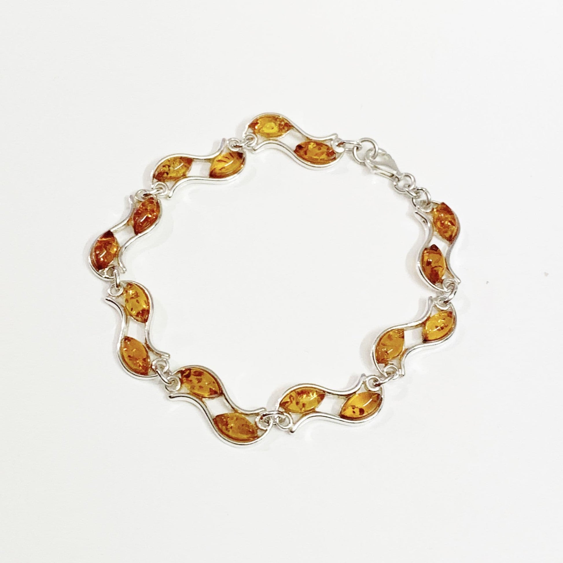 Double Row Oval Cut Sterling Silver Real Amber Two Row Bracelet