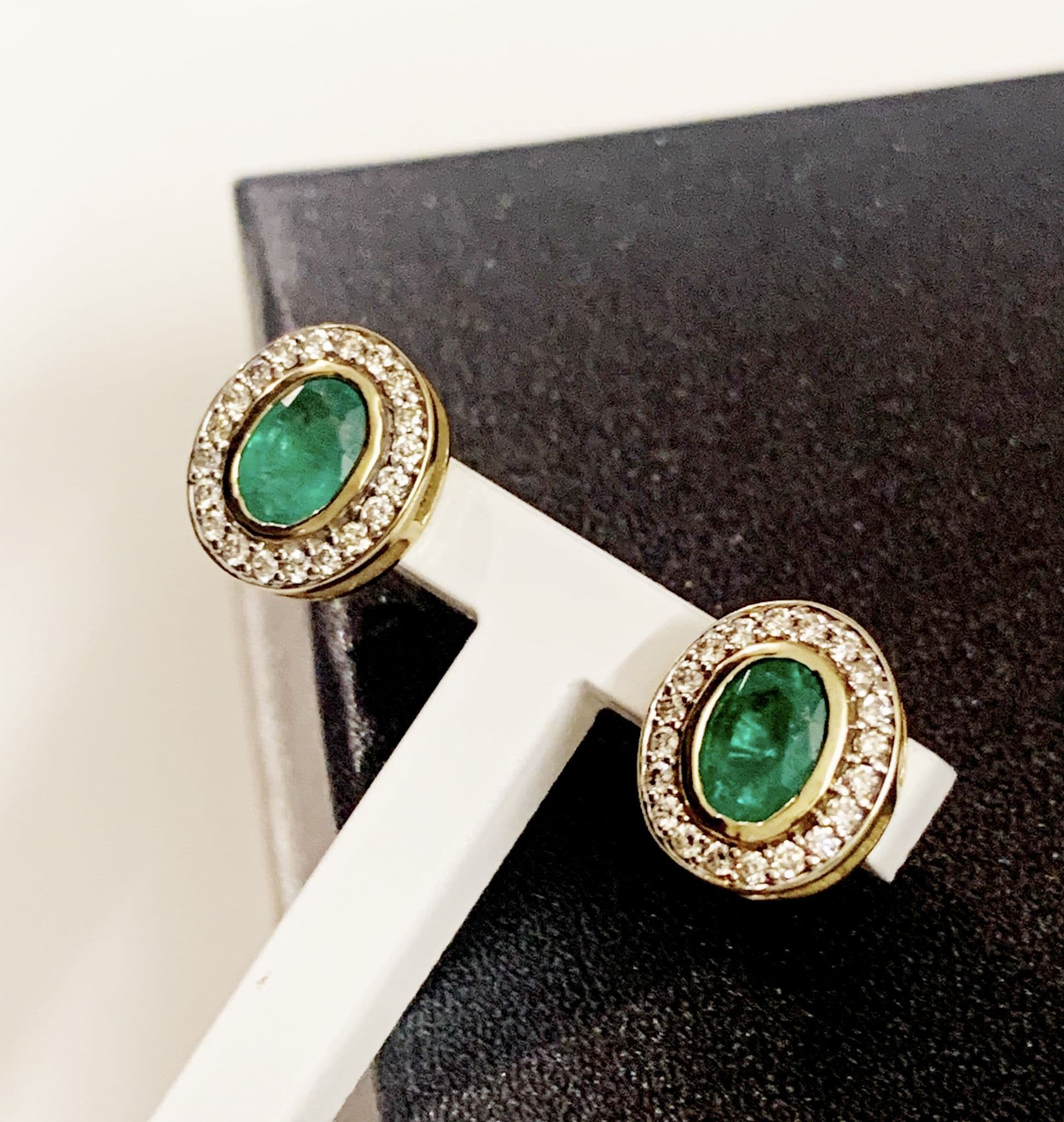 Green Emerald And Diamond Yellow Gold Oval Cluster Stud Earrings