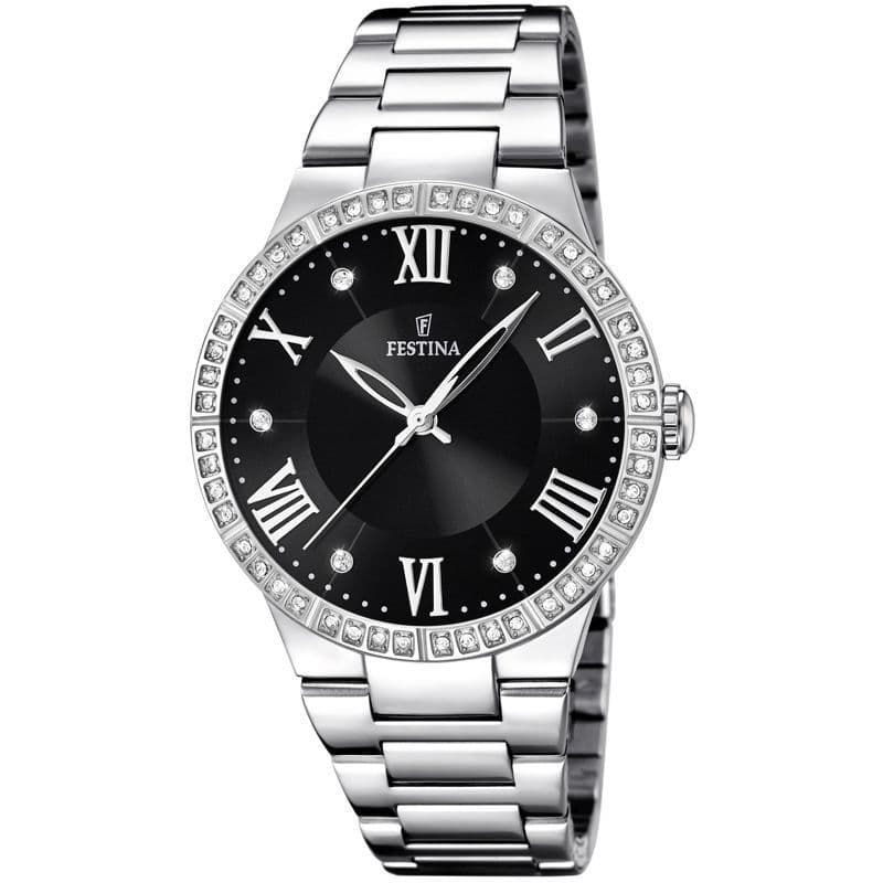 F16719/2 Festina Ladies Round Black Watch Swarovski Crystal Set Bracelet
