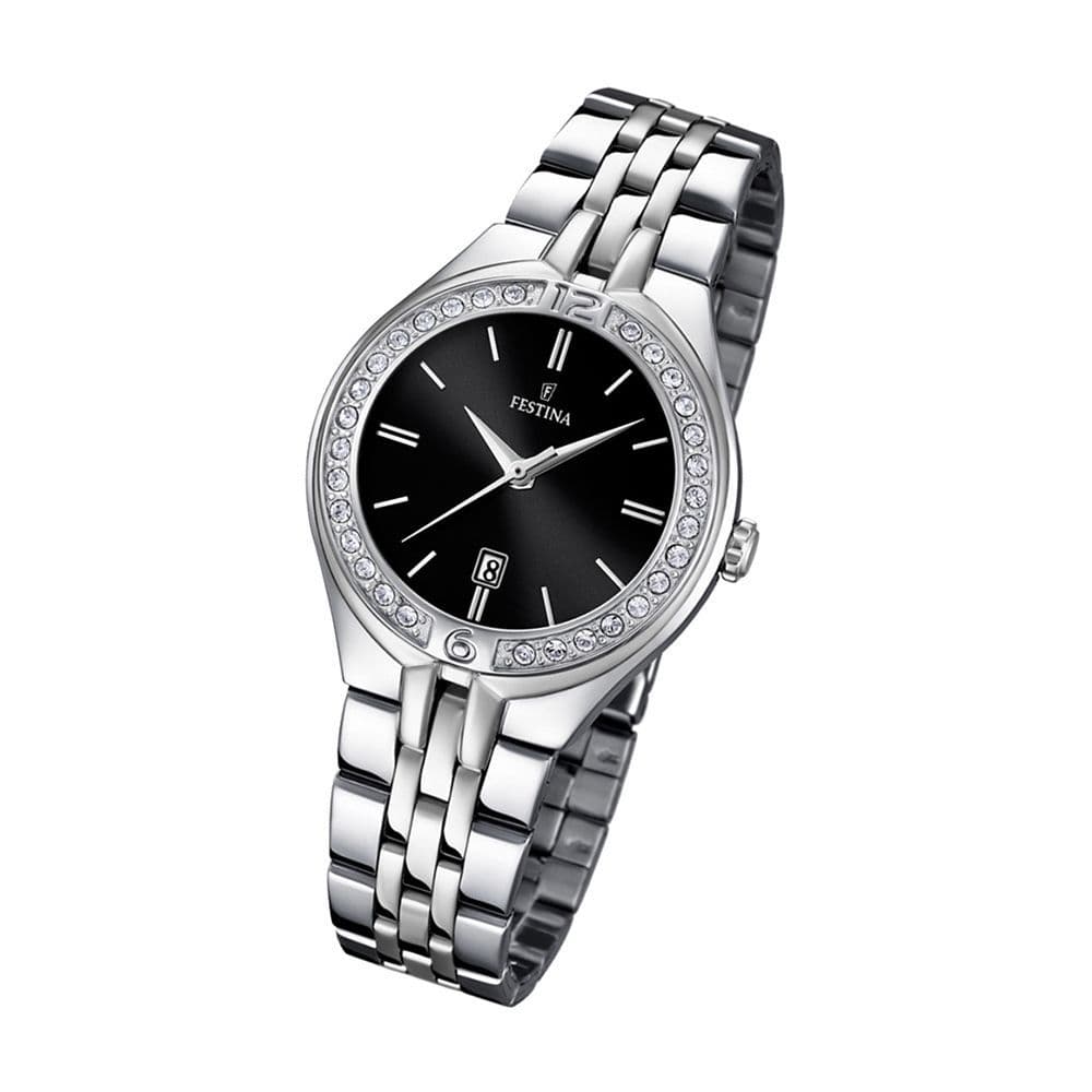 F16867/2 Festina Ladies Black Round Watch Swarovski Crystal Set Bracelet
