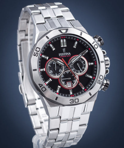 F20448/4 Festina Round Red And Black Chrono Bike Men's Gents Stainless Steel Bracelet Watch