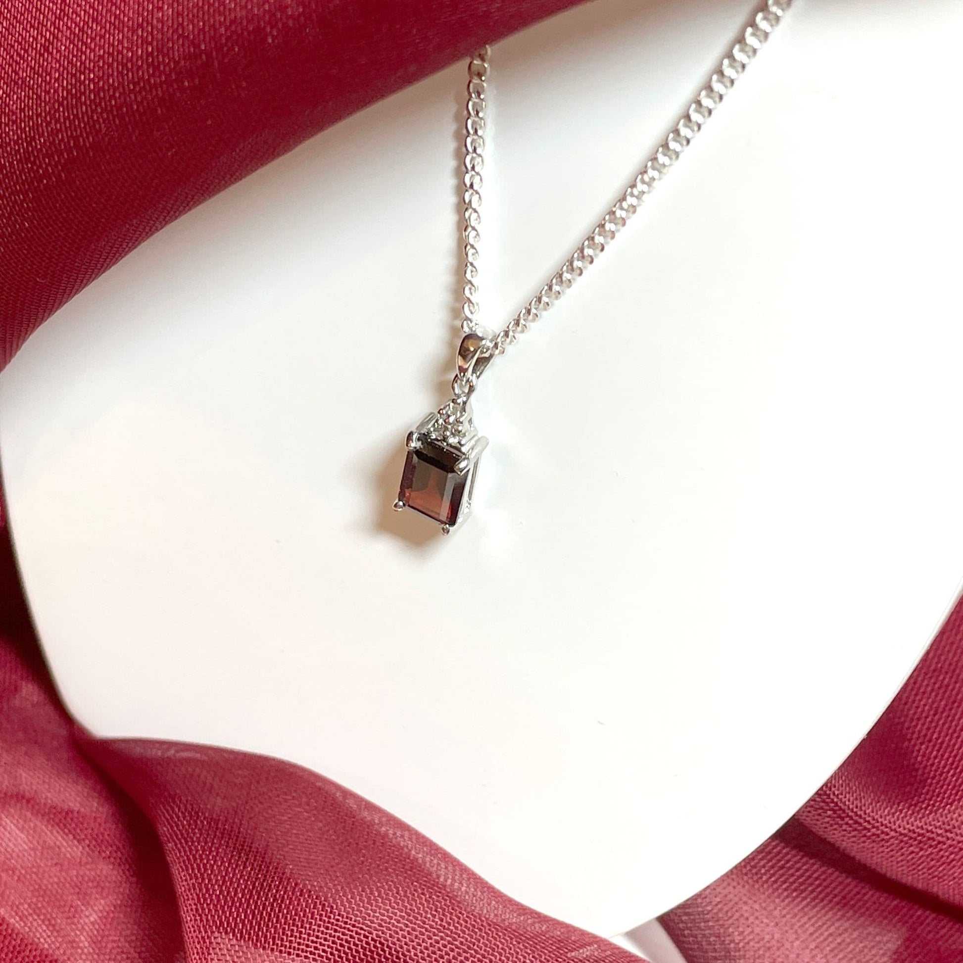 Garnet and diamond sterling silver baguette necklace