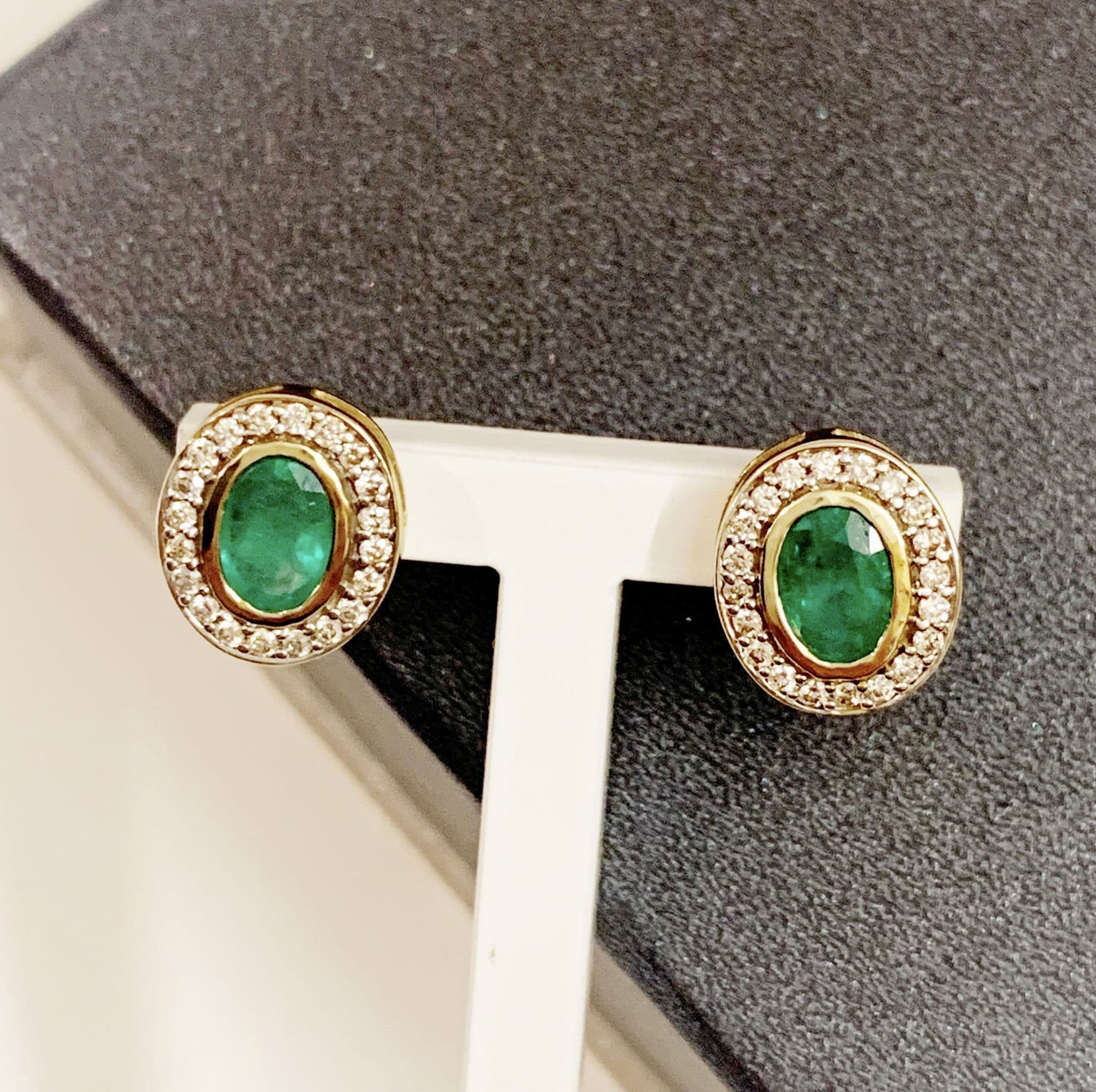 Green Emerald And Diamond Yellow Gold Oval Cluster Stud Earrings