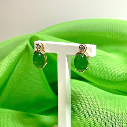 Green Jade And Diamond Yellow Gold Oval Stud Earrings