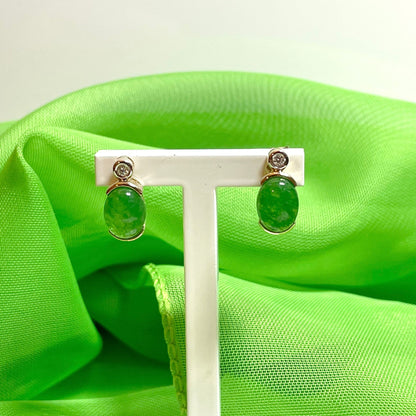 Green Jade And Diamond Yellow Gold Oval Stud Earrings