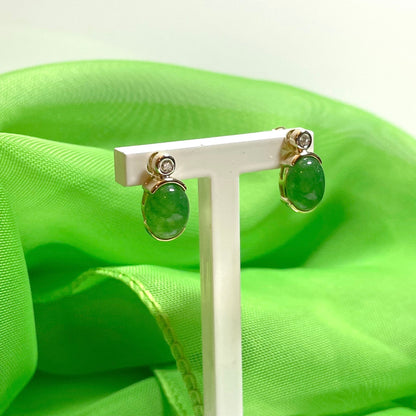 Green Jade And Diamond Yellow Gold Oval Stud Earrings