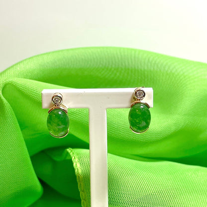 Green Jade And Diamond Yellow Gold Oval Stud Earrings