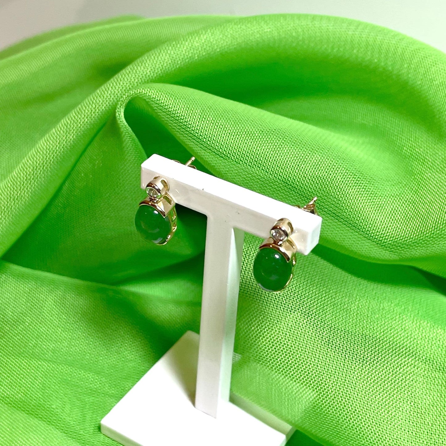 Green Jade And Diamond Yellow Gold Oval Stud Earrings