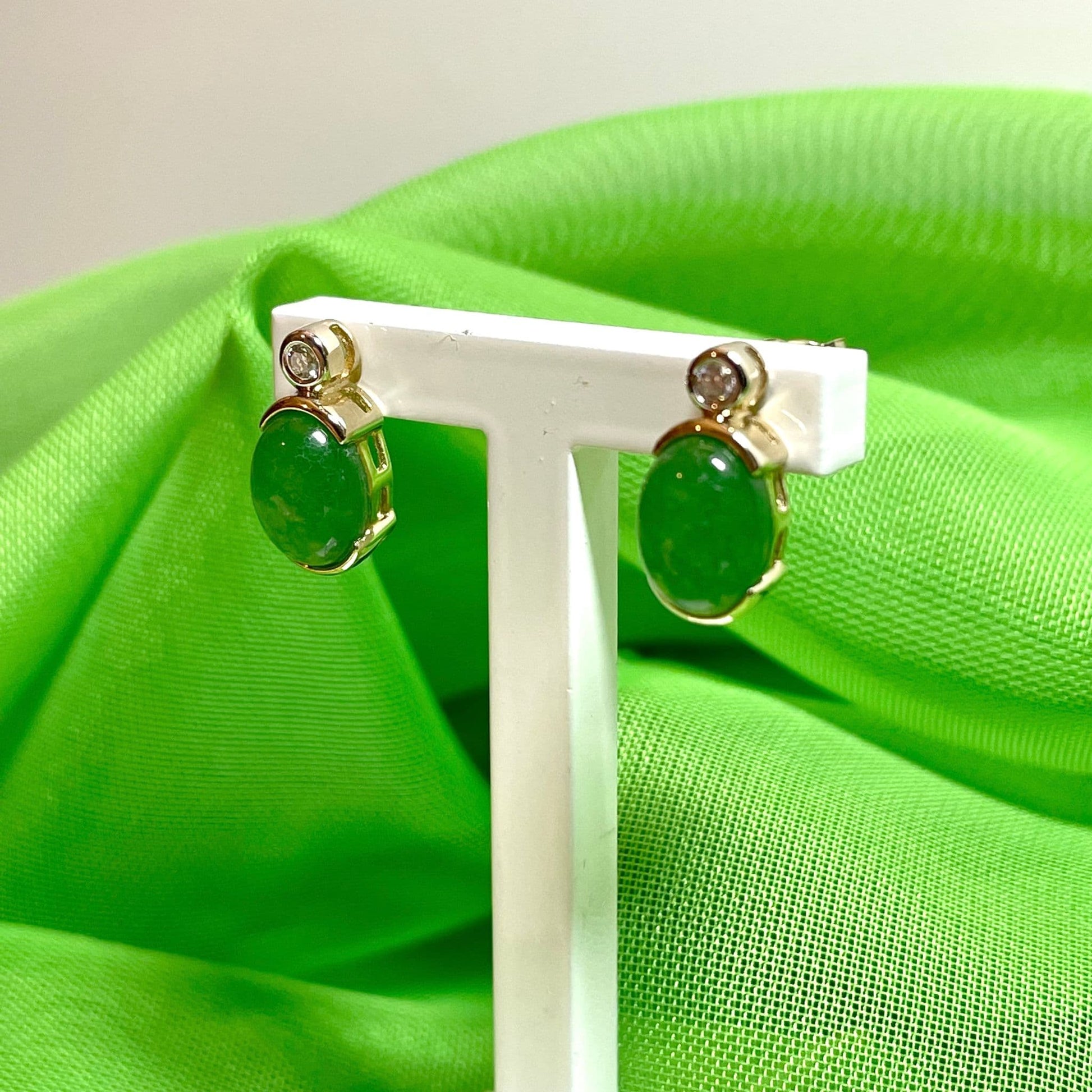 Green Jade And Diamond Yellow Gold Oval Stud Earrings