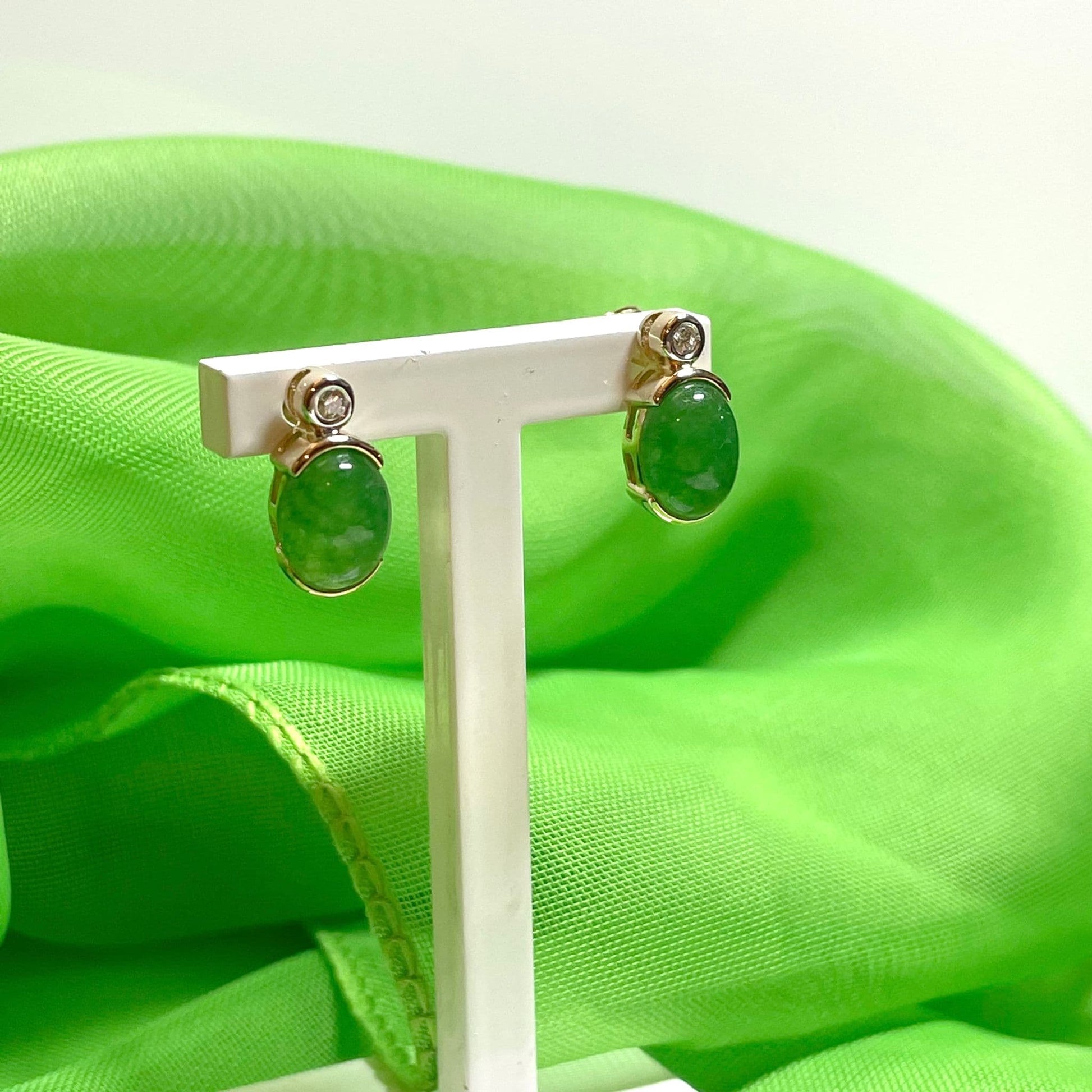 Green Jade And Diamond Yellow Gold Oval Stud Earrings