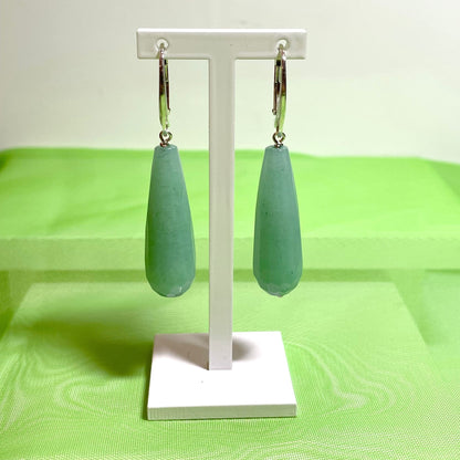 Green jade long teardrop shaped sterling silver drop earrings