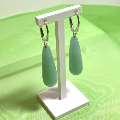 Green jade long teardrop shaped sterling silver drop earrings