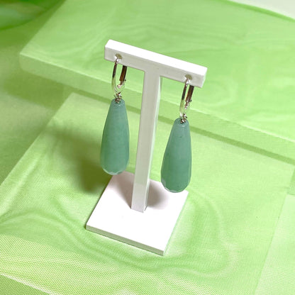 Green jade long teardrop shaped sterling silver drop earrings