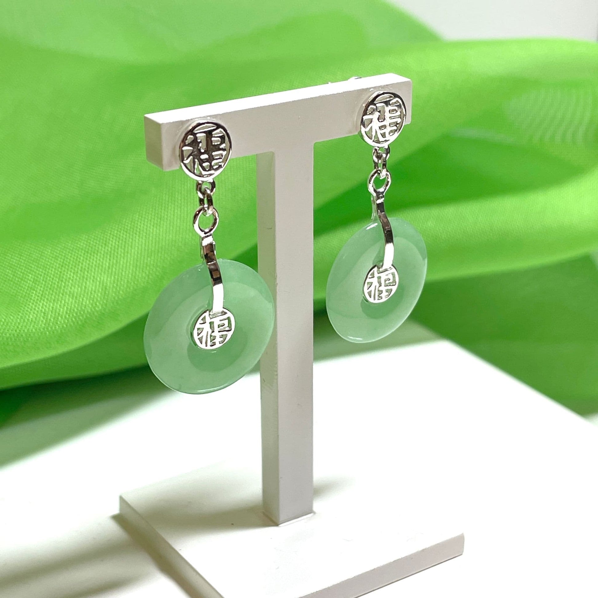 Real green jade drop earrings silver round