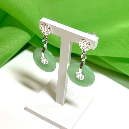 Real green jade drop earrings silver round