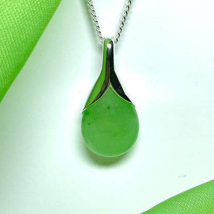 Real green jade tear drop sterling silver pear shaped pendant