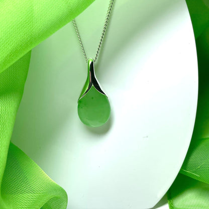 Real green jade tear drop sterling silver pear shaped pendant