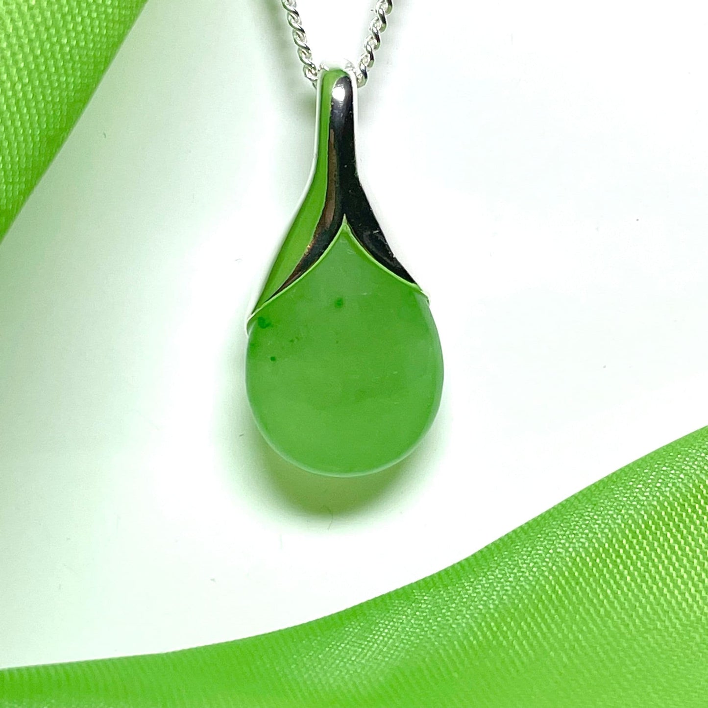 Real green jade tear drop sterling silver pear shaped pendant