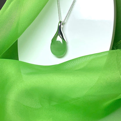 Real green jade tear drop sterling silver pear shaped pendant