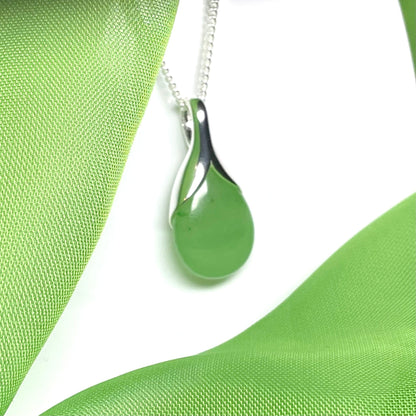 Real green jade tear drop sterling silver pear shaped pendant