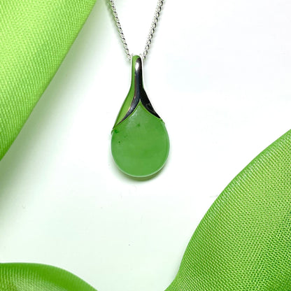 Real green jade tear drop sterling silver pear shaped pendant