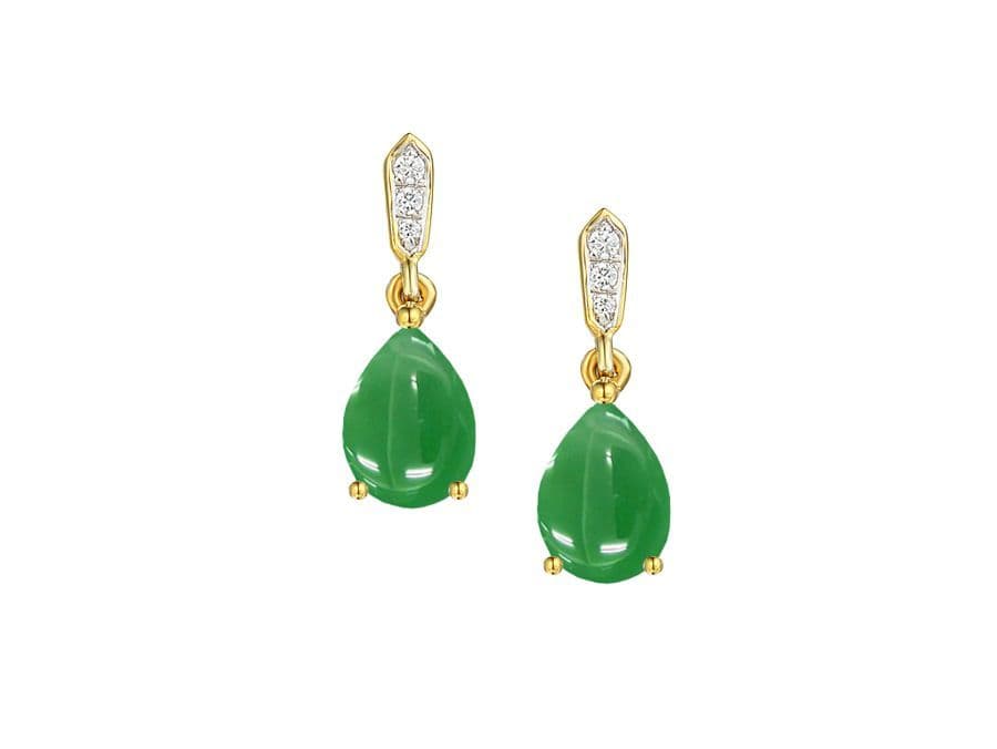 Green Pear Teardrop Jade And Diamond Yellow Gold Drop Earrings