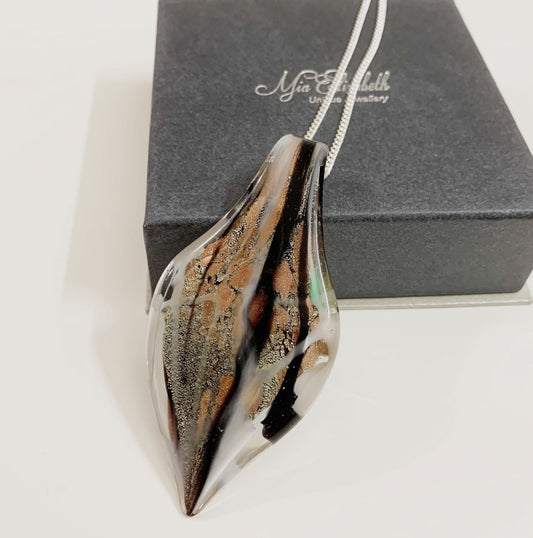 Grey Black & Copper Tone Murano Glass Leaf Necklace