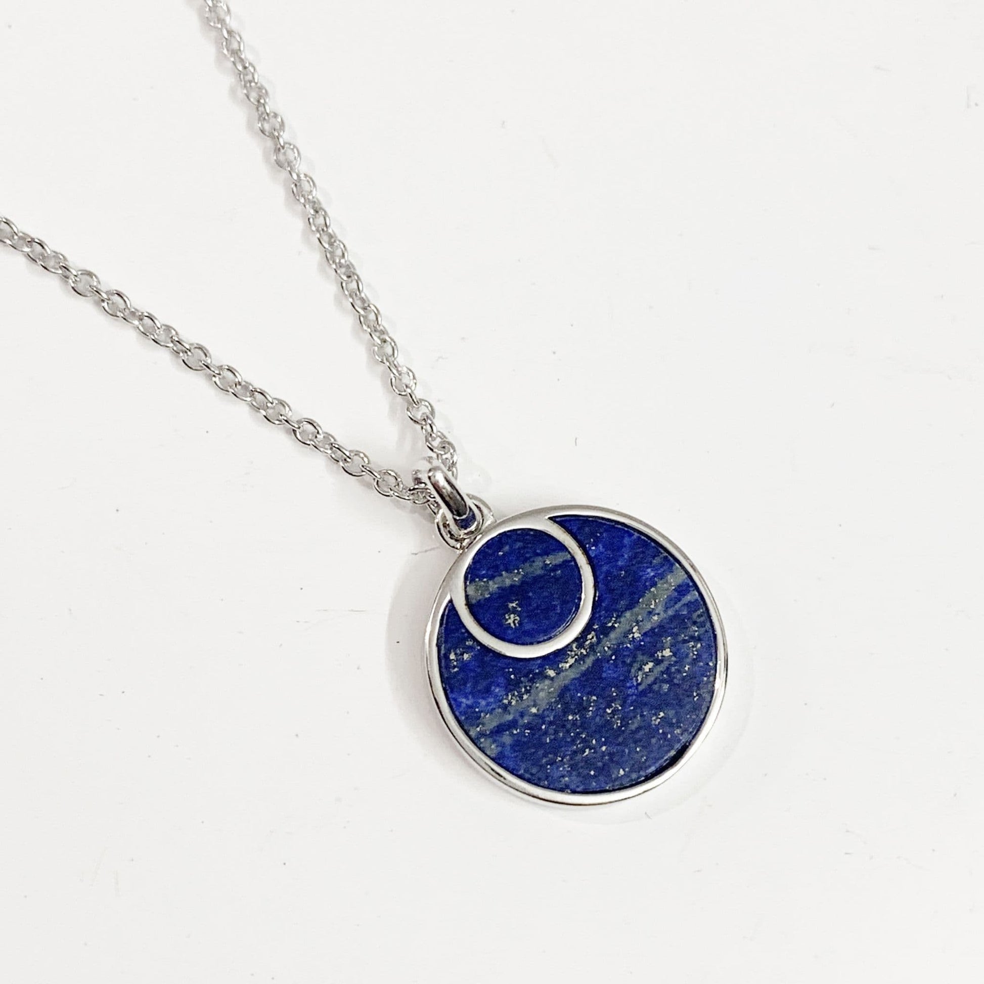 Lapis lazuli blue round double circle sterling silver necklace