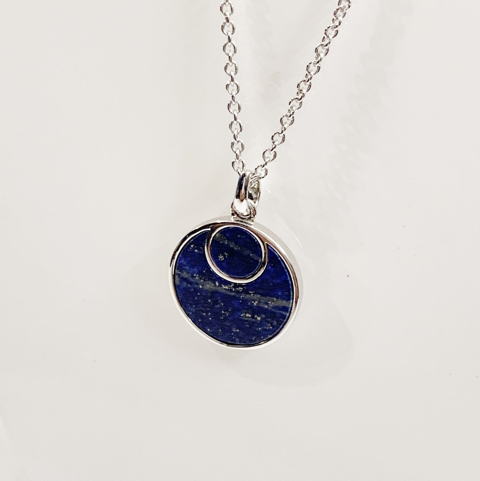 Lapis lazuli blue round double circle sterling silver necklace