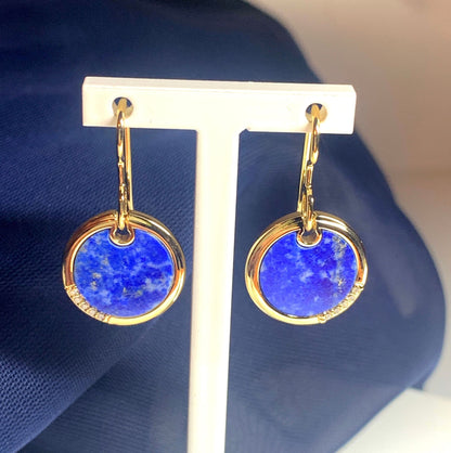 Lapis Lazuli Blue Round Sterling Silver Gilt Circle Drop Earrings