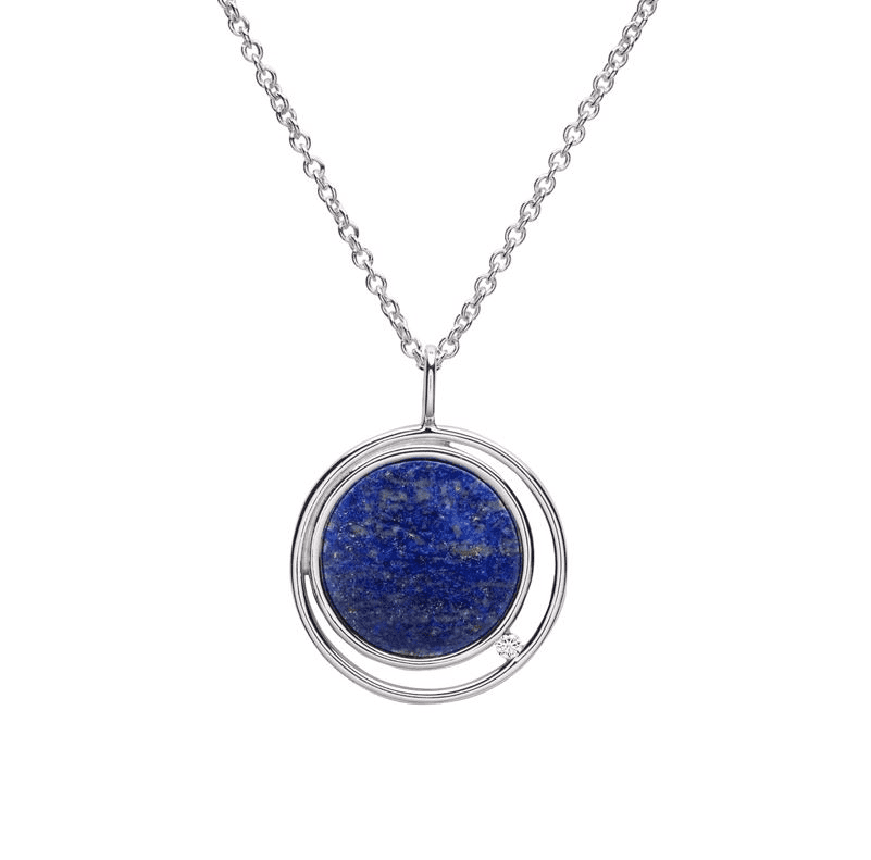 Lapis lazuli blue round sterling silver necklace double circle